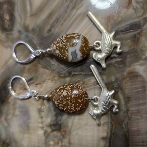 Brown Teardrop Earrings with Silver Roadrunner Charms